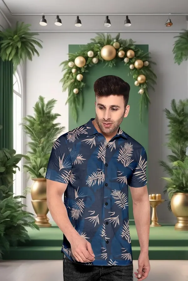 Blue_Hawaiian_Print_Short_Sleeve_Shirt,_Navy_Blue_With_Palm_Leaf_Pattern,_Casual_Button_Down
