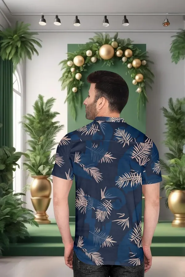 Blue_Hawaiian_Print_Short_Sleeve_Shirt,_Navy_Blue_With_Palm_Leaf_Pattern,_Casual_Button_Down