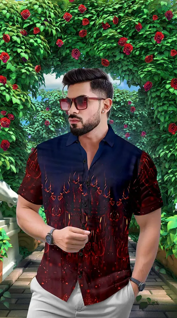 Malticolor_Designer_Shirt,_Navy_Blue_And_Red_Flame_Print,_Short_Sleeve_Button_Down_Casual_Wear