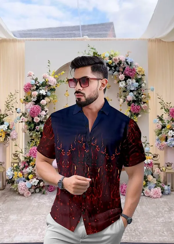 Malticolor_Designer_Shirt,_Navy_Blue_And_Red_Flame_Print,_Short_Sleeve_Button_Down_Casual_Wear