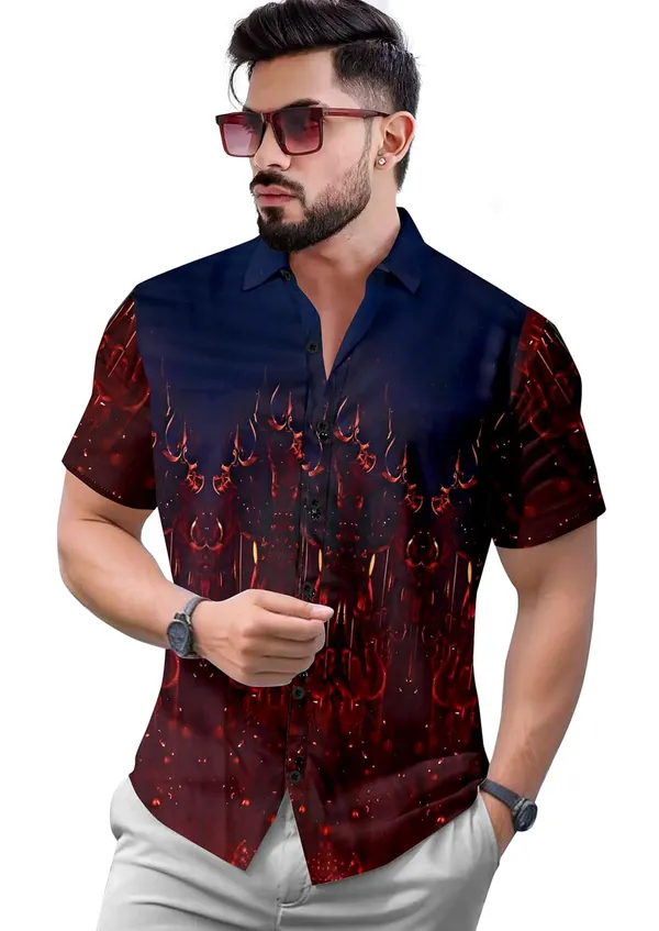 Malticolor_Designer_Shirt,_Navy_Blue_And_Red_Flame_Print,_Short_Sleeve_Button_Down_Casual_Wear