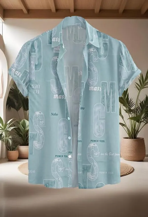 Blue_Casual_Short_Sleeve_Button_Down_Shirt,_Black_Letter_Print_Pattern,_Regular_Fit