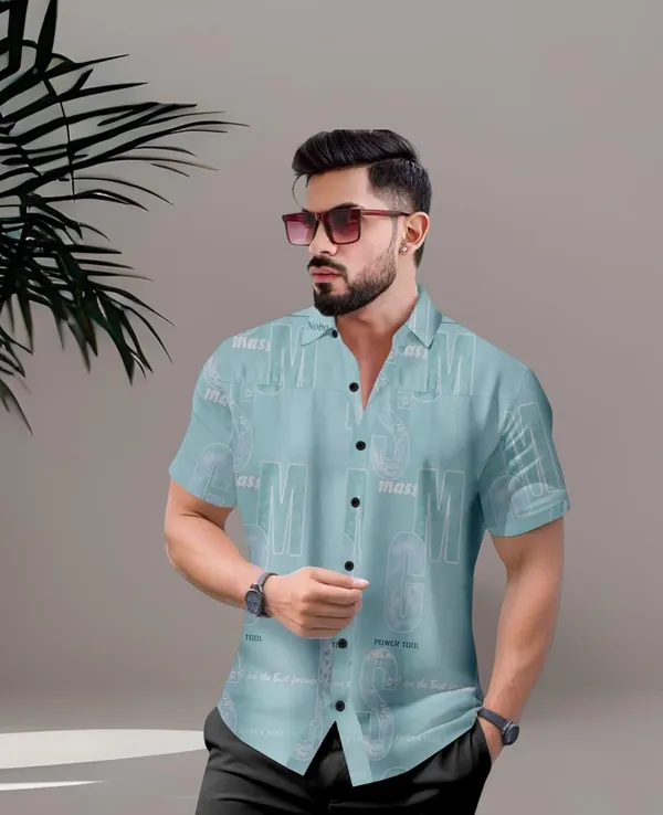 Blue_Casual_Short_Sleeve_Button_Down_Shirt,_Black_Letter_Print_Pattern,_Regular_Fit