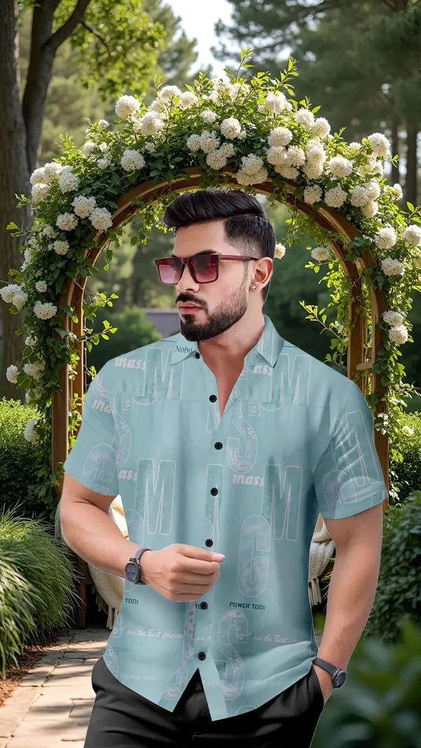 Blue_Casual_Short_Sleeve_Button_Down_Shirt,_Black_Letter_Print_Pattern,_Regular_Fit