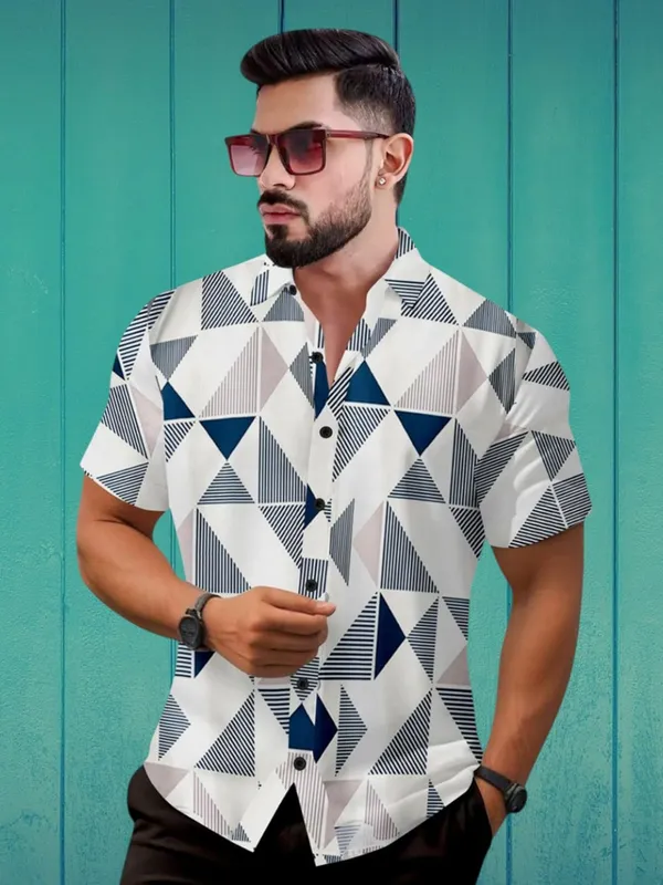 Black_Geometric_Print_Short_Sleeve_Button-Down_Shirt,_White_And_Navy_Blue_Triangle_Pattern,_Casual_Summer_Wear
