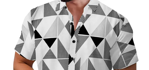 Black_Geometric_Print_Short_Sleeve_Button-Down_Shirt,_White_And_Navy_Blue_Triangle_Pattern,_Casual_Summer_Wear