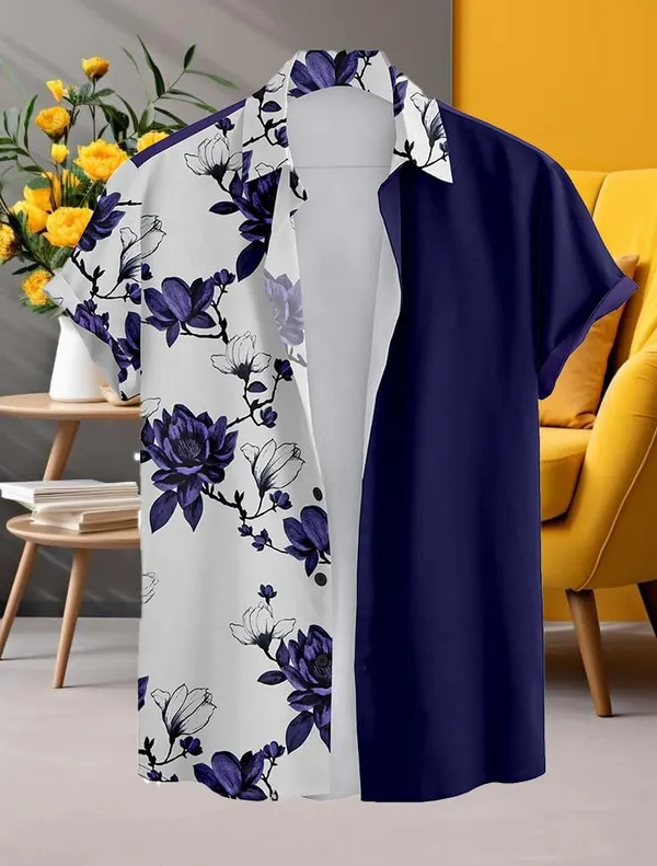 Blue_Floral_Print_Short_Sleeve_Button-Down_Shirt,_Navy_Blue_And_White_Split_Design
