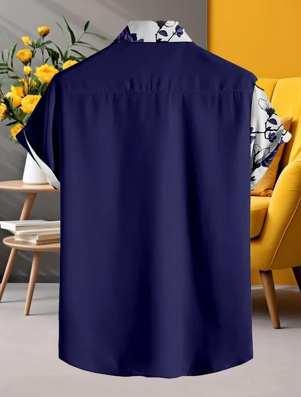 Blue_Floral_Print_Short_Sleeve_Button-Down_Shirt,_Navy_Blue_And_White_Split_Design