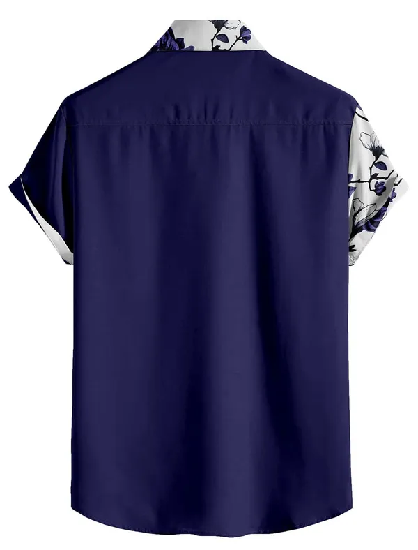 Blue_Floral_Print_Short_Sleeve_Button-Down_Shirt,_Navy_Blue_And_White_Split_Design