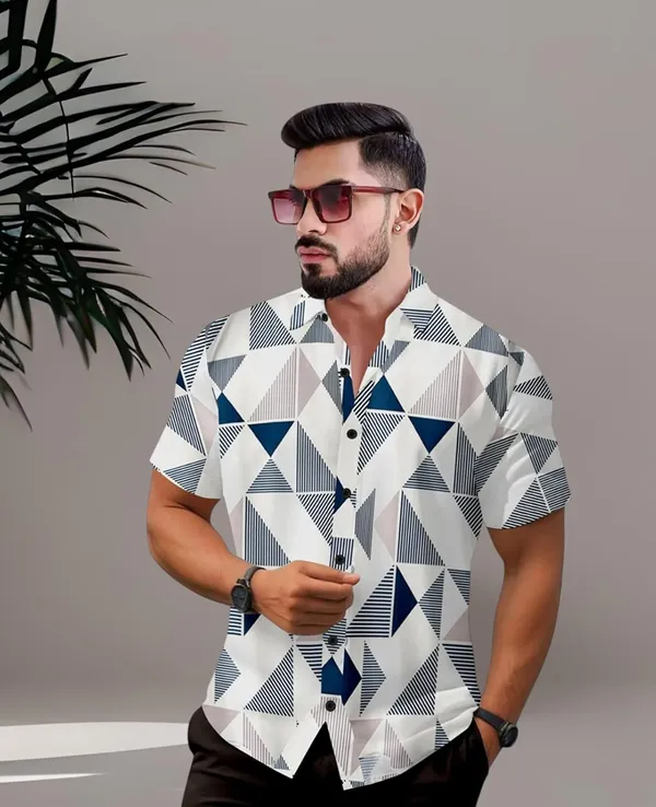 Blue_Geometric_Print_Short_Sleeve_Button-Down_Shirt,_White_And_Navy_Blue_Triangle_Pattern,_Casual_Summer_Wear