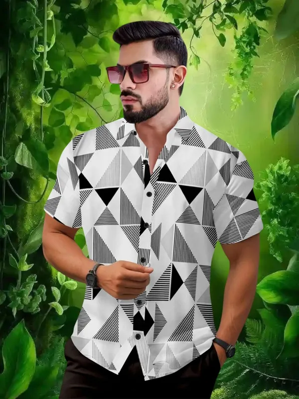 Blue_Geometric_Print_Short_Sleeve_Button-Down_Shirt,_White_And_Navy_Blue_Triangle_Pattern,_Casual_Summer_Wear