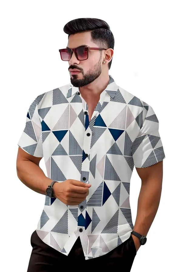 Blue_Geometric_Print_Short_Sleeve_Button-Down_Shirt,_White_And_Navy_Blue_Triangle_Pattern,_Casual_Summer_Wear