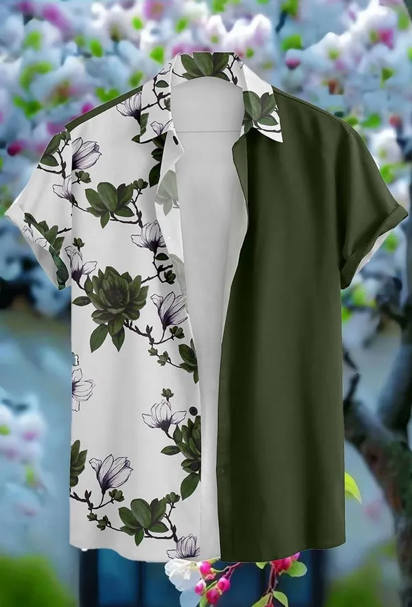 Green_Floral_Print_Short_Sleeve_Button-Down_Shirt,_Navy_Blue_And_White_Split_Design