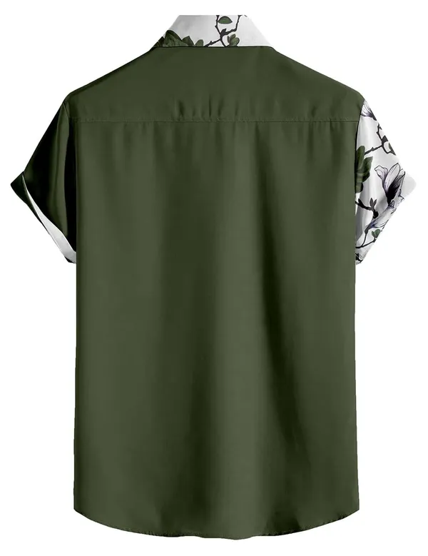 Green_Floral_Print_Short_Sleeve_Button-Down_Shirt,_Navy_Blue_And_White_Split_Design