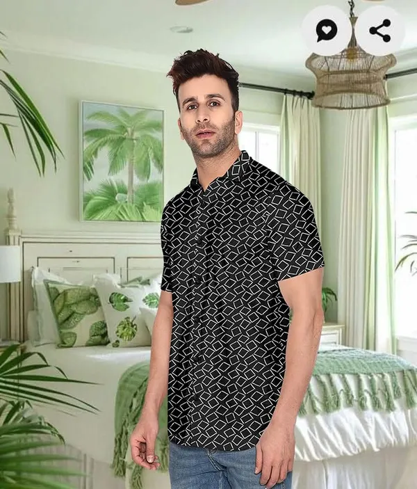Black_Geometric_Pattern_Short_Sleeve_Button-Down_Shirt,_Casual_Wear