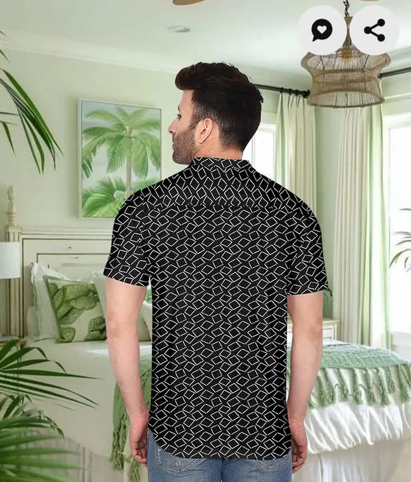 Black_Geometric_Pattern_Short_Sleeve_Button-Down_Shirt,_Casual_Wear