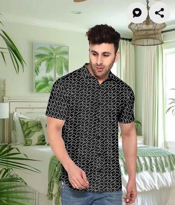 Black_Geometric_Pattern_Short_Sleeve_Button-Down_Shirt,_Casual_Wear