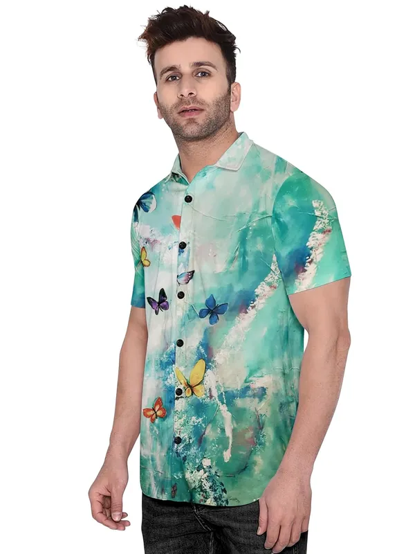 Malticolor_Hawaiian_Style_Butterfly_Print_Shirt,_Short_Sleeve_Button_Down,_Turquoise_Watercolour_Design