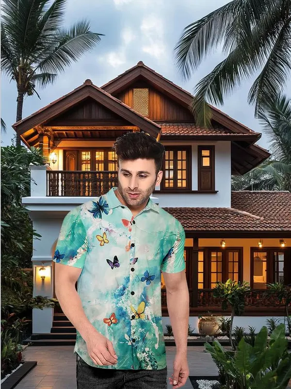 Malticolor_Hawaiian_Style_Butterfly_Print_Shirt,_Short_Sleeve_Button_Down,_Turquoise_Watercolour_Design