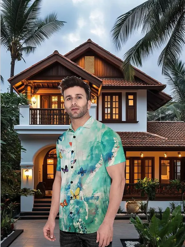 Malticolor_Hawaiian_Style_Butterfly_Print_Shirt,_Short_Sleeve_Button_Down,_Turquoise_Watercolour_Design