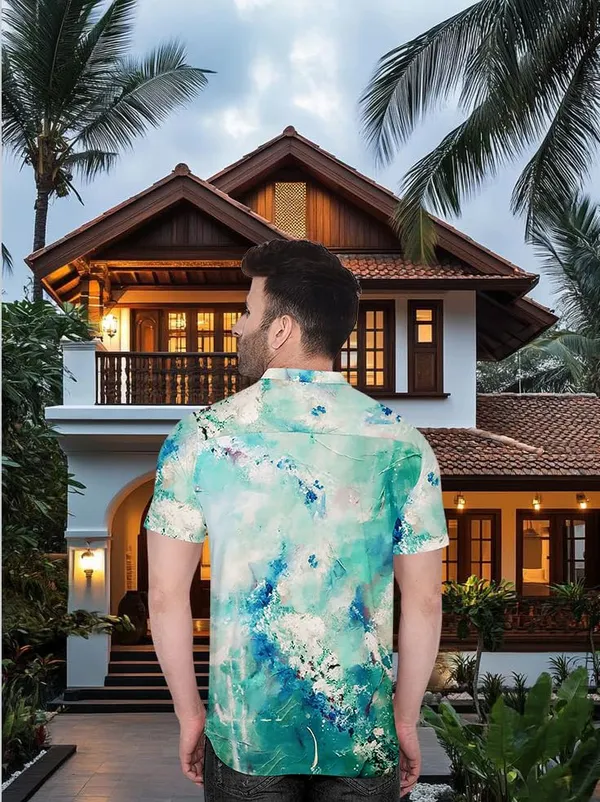 Malticolor_Hawaiian_Style_Butterfly_Print_Shirt,_Short_Sleeve_Button_Down,_Turquoise_Watercolour_Design
