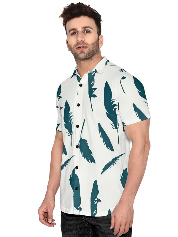 White_Short_Sleeve_Button_Down_Shirt,_Feather_Print_Pattern,_White_And_Teal,_Casual_Hawaiian_Style