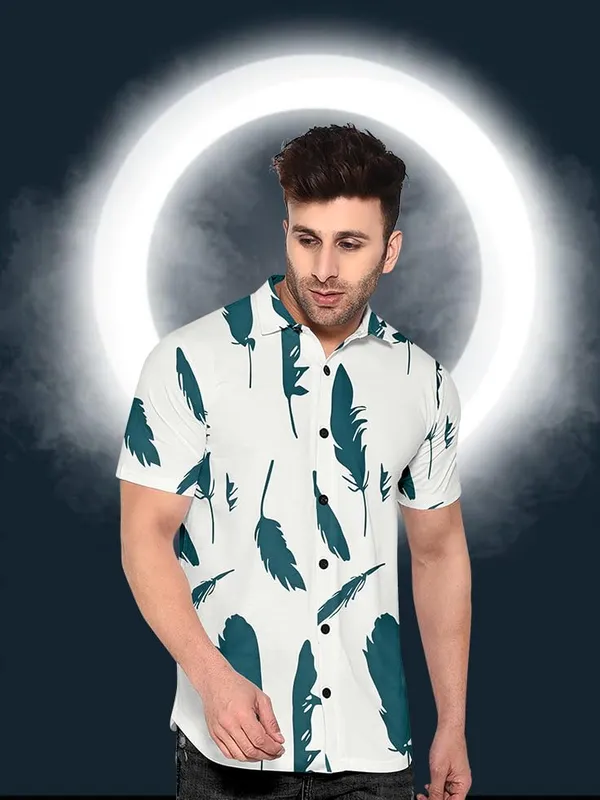 White_Short_Sleeve_Button_Down_Shirt,_Feather_Print_Pattern,_White_And_Teal,_Casual_Hawaiian_Style