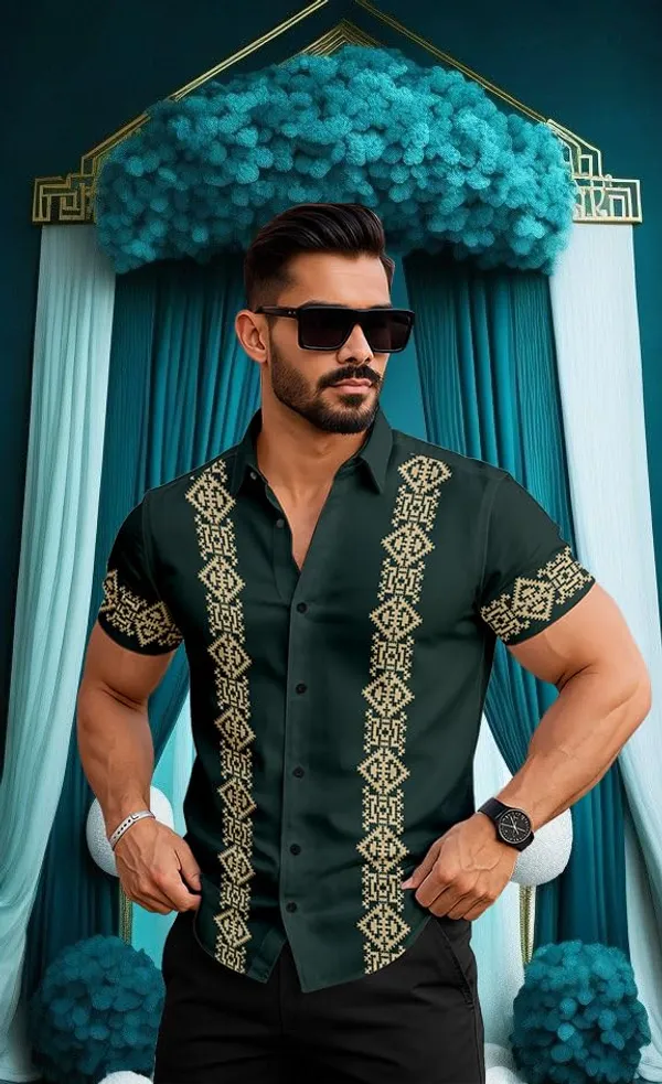 Green_Short_Sleeve_Button_Down_Shirt,_Forest_Green_With_Gold_Embroidered_Pattern,_Casual_Slim_Fit