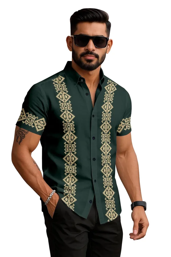 Green_Short_Sleeve_Button_Down_Shirt,_Forest_Green_With_Gold_Embroidered_Pattern,_Casual_Slim_Fit
