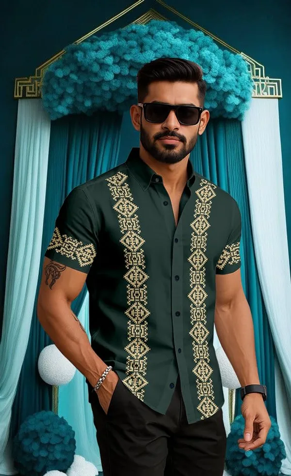 Green_Short_Sleeve_Button_Down_Shirt,_Forest_Green_With_Gold_Embroidered_Pattern,_Casual_Slim_Fit