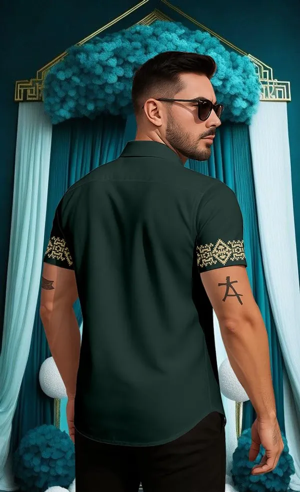 Green_Short_Sleeve_Button_Down_Shirt,_Forest_Green_With_Gold_Embroidered_Pattern,_Casual_Slim_Fit