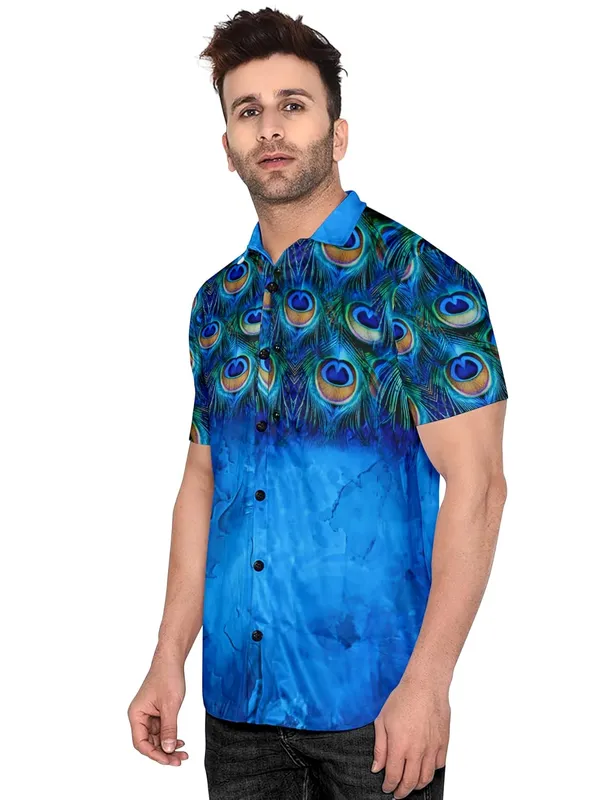 Blue_Peacock_Feather_Print_Hawaiian_Shirt,_Short_Sleeve_Button_Down,_Blue_Ombre_Design