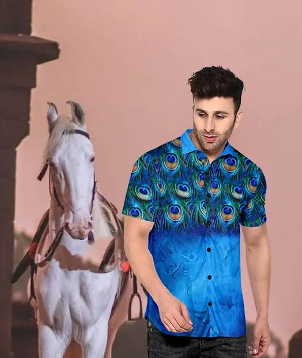 Blue_Peacock_Feather_Print_Hawaiian_Shirt,_Short_Sleeve_Button_Down,_Blue_Ombre_Design