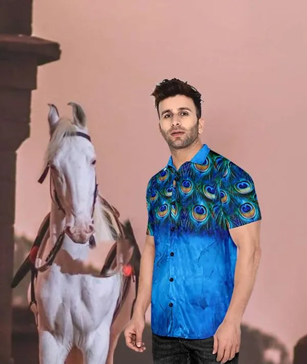 Blue_Peacock_Feather_Print_Hawaiian_Shirt,_Short_Sleeve_Button_Down,_Blue_Ombre_Design