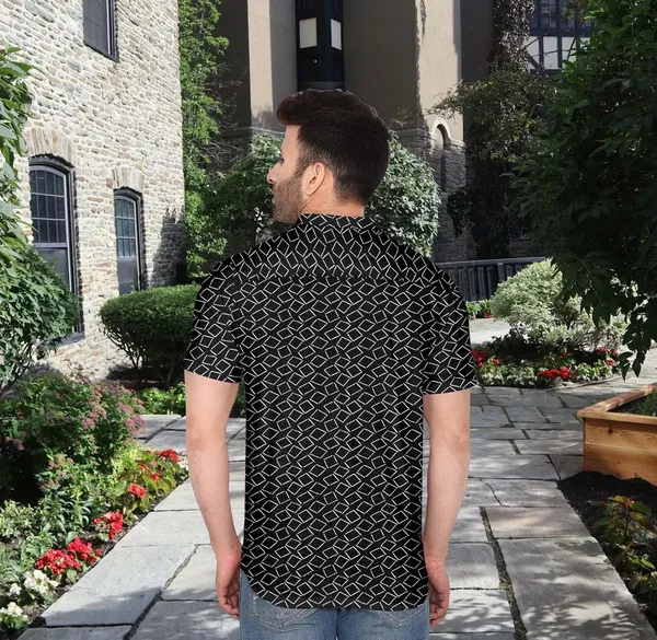 Black_Geometric_Print_Short_Sleeve_Casual_Shirt_Pattern_Ͽ�Summer_|_Lightweight_Cotton_Blend_Stratchable_Fabric_|_Perfect_For_Daily_&_Weekend_Wear