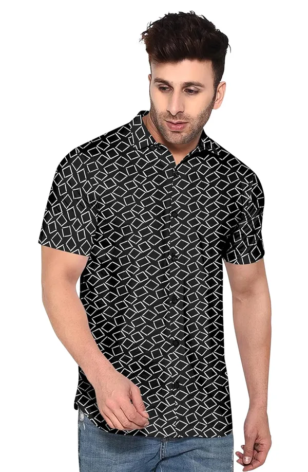 Black_Geometric_Print_Short_Sleeve_Casual_Shirt_Pattern_Ͽ�Summer_|_Lightweight_Cotton_Blend_Stratchable_Fabric_|_Perfect_For_Daily_&_Weekend_Wear