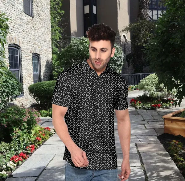 Black_Geometric_Print_Short_Sleeve_Casual_Shirt_Pattern_Ͽ�Summer_|_Lightweight_Cotton_Blend_Stratchable_Fabric_|_Perfect_For_Daily_&_Weekend_Wear