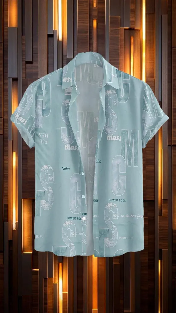 Blue_Short_Sleeve_Printed_Shirt,_Black_With_Typography_Pattern,_Casual_Button_Down