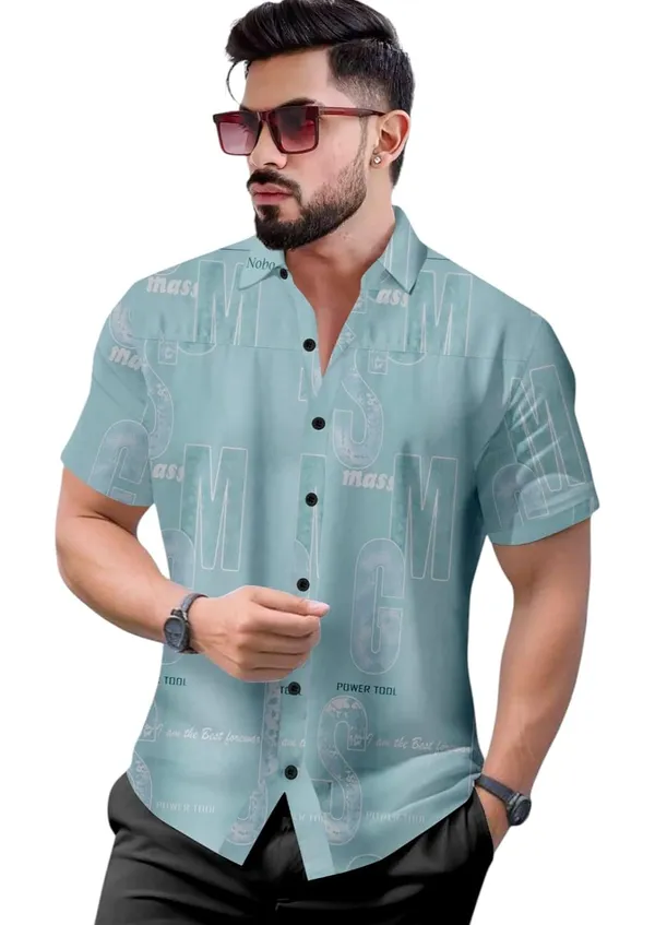 Blue_Short_Sleeve_Printed_Shirt,_Black_With_Typography_Pattern,_Casual_Button_Down
