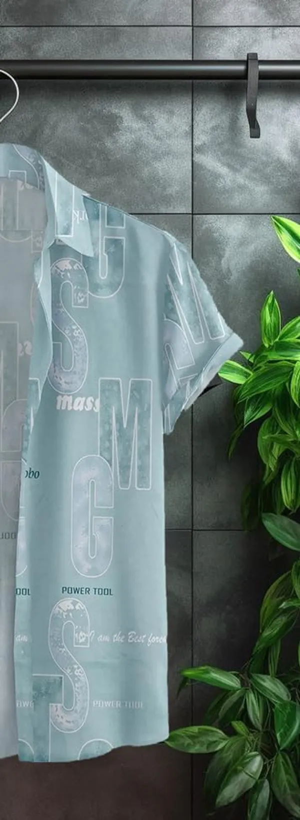 Blue_Typography_Print_Short_Sleeve_Button-Down_Shirt,_Black_And_Grey_Graphic_Pattern