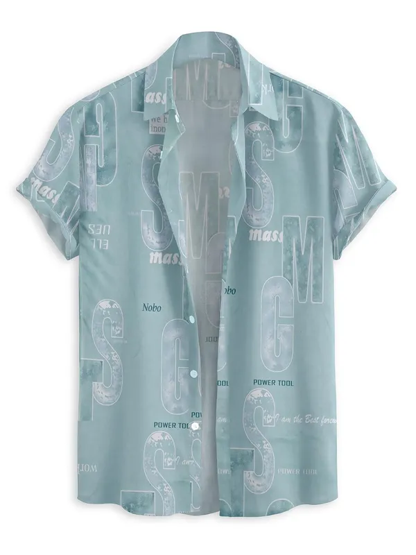 Blue_Typography_Print_Short_Sleeve_Button-Down_Shirt,_Black_And_Grey_Graphic_Pattern