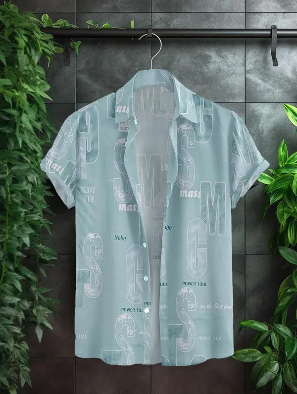 Blue_Typography_Print_Short_Sleeve_Button-Down_Shirt,_Black_And_Grey_Graphic_Pattern