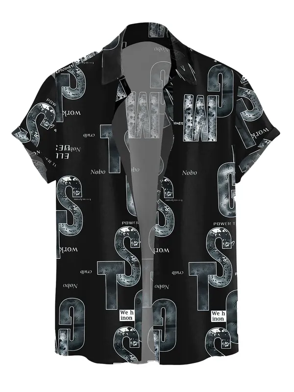 Black_Typography_Print_Short_Sleeve_Button-Down_Shirt,_Black_And_Grey_Graphic_Pattern