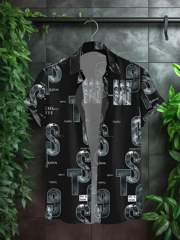 Black_Typography_Print_Short_Sleeve_Button-Down_Shirt,_Black_And_Grey_Graphic_Pattern