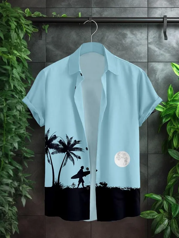 Blue_Hawaiian_Beach_Print_Button_Down_Shirt,_Surfer_Palm_Tree_Design,_Light_Blue,_Full_Moon_Night_Scene