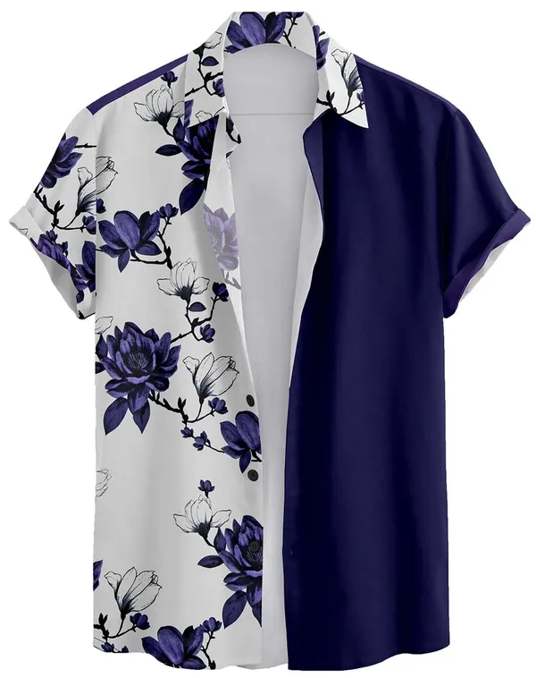 Green_Floral_Print_Short_Sleeve_Button-Down_Shirt,_Navy_Blue_And_White,_Split_Design