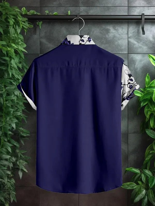Green_Floral_Print_Short_Sleeve_Button-Down_Shirt,_Navy_Blue_And_White,_Split_Design