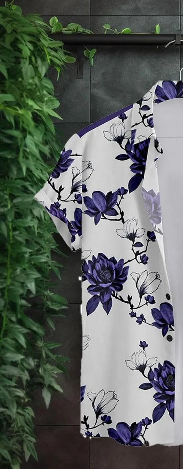 Green_Floral_Print_Short_Sleeve_Button-Down_Shirt,_Navy_Blue_And_White,_Split_Design