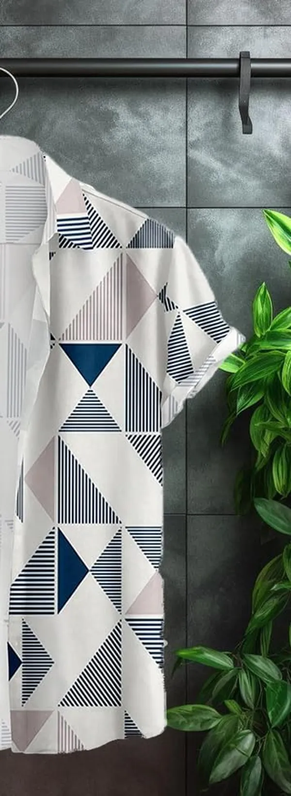 Blue_Geometric_Print_Short_Sleeve_Button-Down_Shirt,_White_And_Navy_Blue_Pattern