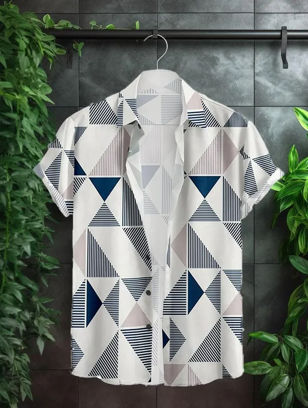 Blue_Geometric_Print_Short_Sleeve_Button-Down_Shirt,_White_And_Navy_Blue_Pattern